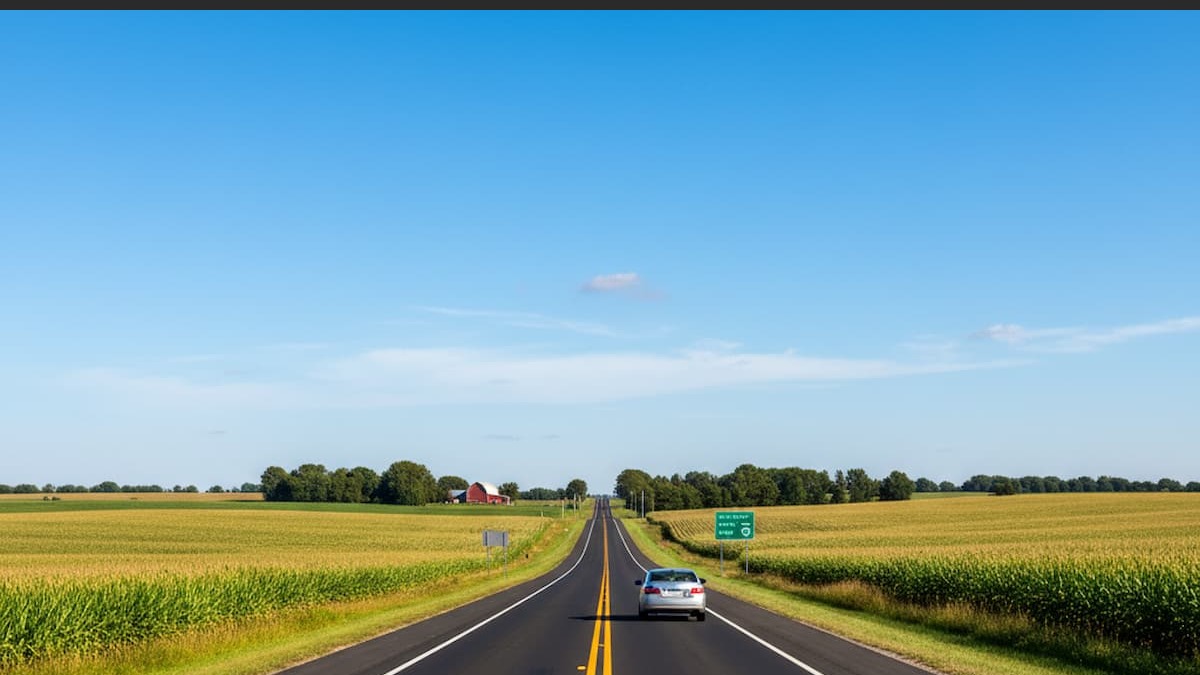 Indiana highway with double yellow lines and traffic signs