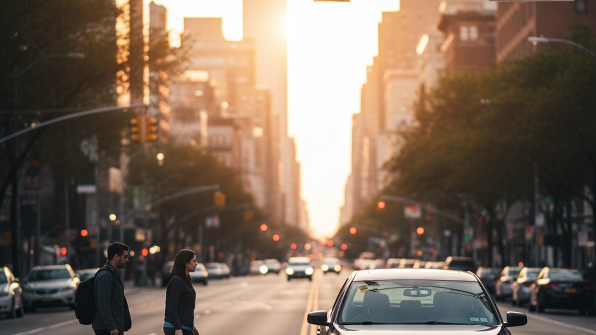 New York City NO TURN ON RED sign at Manhattan intersection with pedestrians in crosswalk