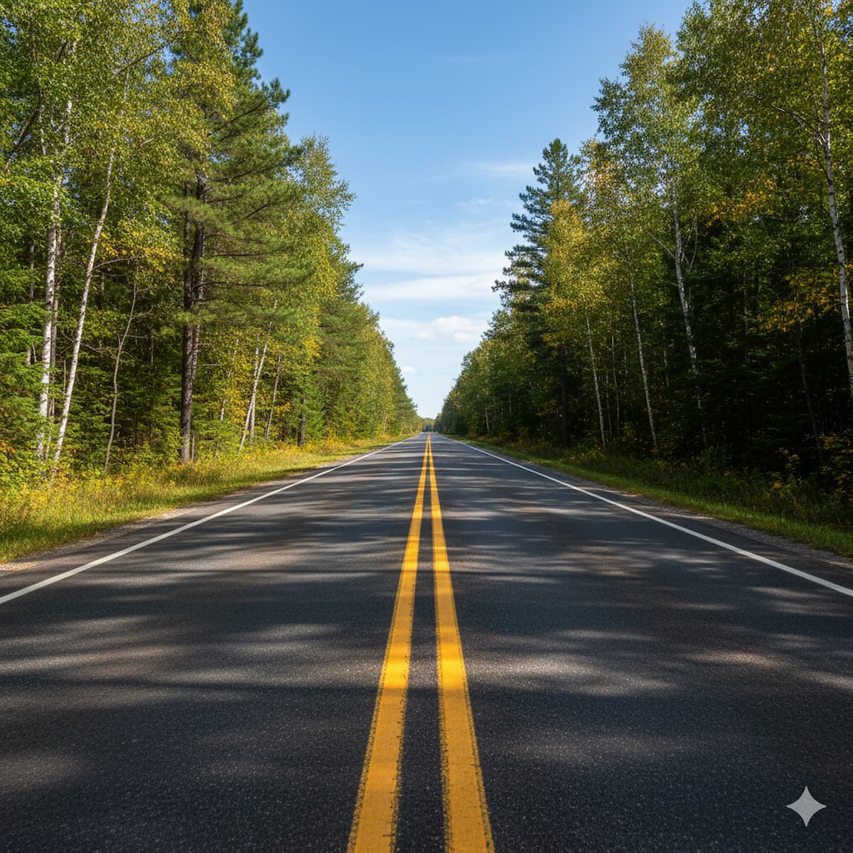 Wisconsin highway with double yellow centerline through scenic Northwoods landscape
